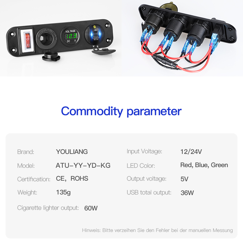 12v digital voltmeter PD car charger with on-off switch