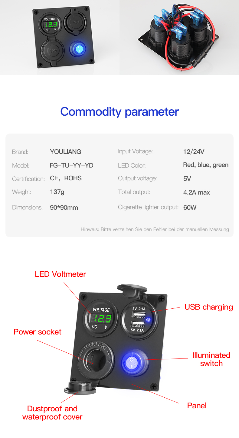 Switch panel for car with car charger adapter to plug